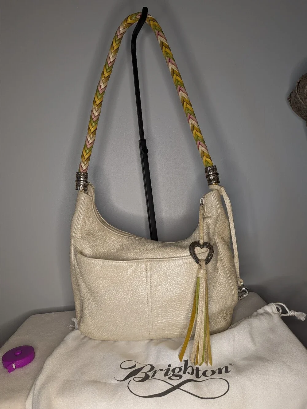 Brighton Ivory Leather Barbados Hobo Bag with Multicolor Braided Strap